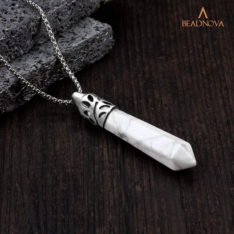 BEADNOVA Healing Crystal Necklace for Women Men White Howlite Pendant Energy Healing Gemstones Jewelry Pendulum Crystal Divination (Hexagonal, 18 Inches Stainless Steel Chain) - Image 5